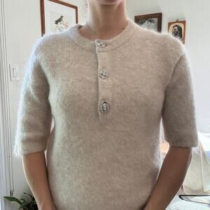 Mohair Wool Crystal Buttons Rib-knit Half Sleeve Top Size M